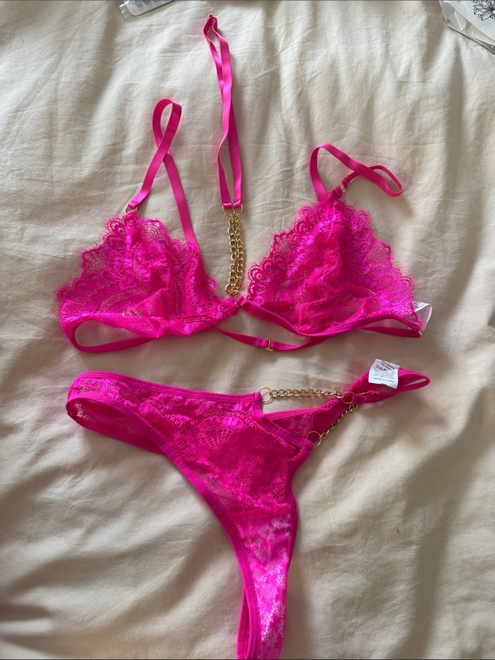 Fuchsia Lace Bralette and Thong Set with Gold Chain Accents